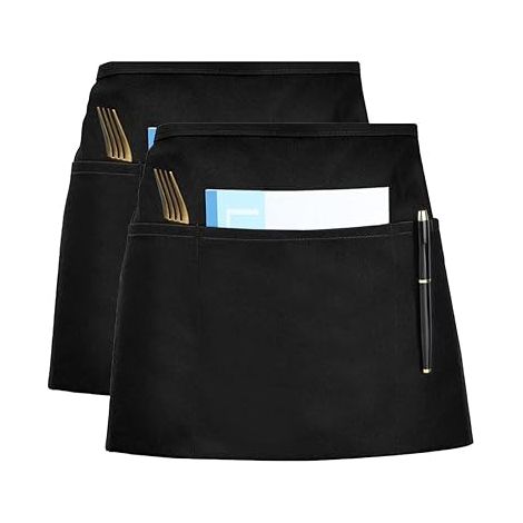 Küchenschürzen, Kellnerschürze, schwarze Schürze mit verstellbarem Riemen und 3 Taschen, kurze Schürze für Männer und Frauen, Kellner, 2er-Pack (1/5)