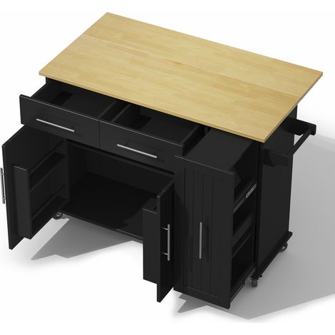 Isla de cocina con hoja abatible, carrito de almacenaje MDF negro y natural, 2 cajones (1/5)