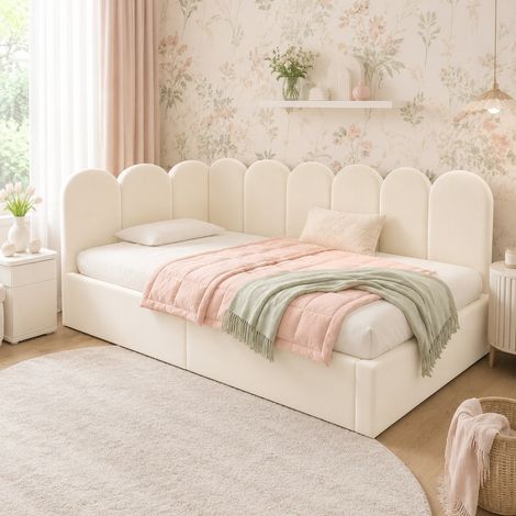 DESMIU Lit Banquette 90 × 190 cm 1 place avec rangement hydraulique et dossier, sans matelas, en velours, beige (1/5)