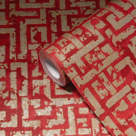 Papier peint géométrique rouge Tapisserie graphique labyrinthe effet vieilli Papier peint contemporain idéal pour couloir (1/5)