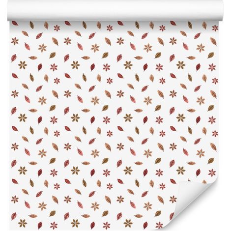 Tapete „Herbstblätter“ in Weiß und Koralle für Wohn- und Schlafzimmer, 50 x 1000 cm (1/5)