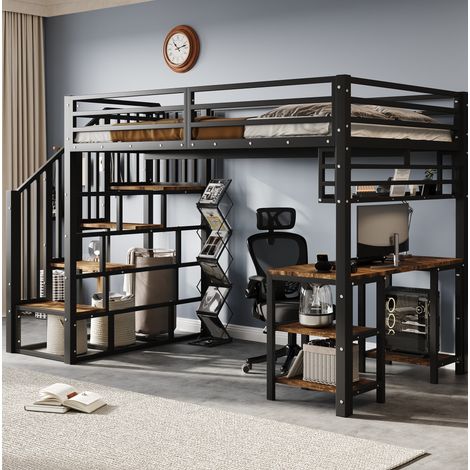 Letto a soppalco 120x200 cm con scrivania e mensola, scala con corrimano, nero HAVRYA (1/5)