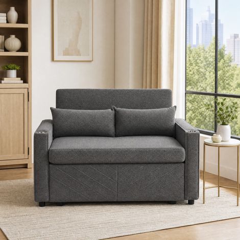 Canapé-lit 2 places 195x134x73 cm gris foncé, convertible 3 en 1 avec USB, structure en bois MEUBLIV (1/5)