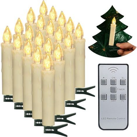 Bougies de sapin de Noël,20 pièces Bougies d LED Bougies coniques à piles sans flamme avec minuterie à distance/Clips amovibles/Anneaux étanches pour décor d'arbres de Noël à la maison (1/5)