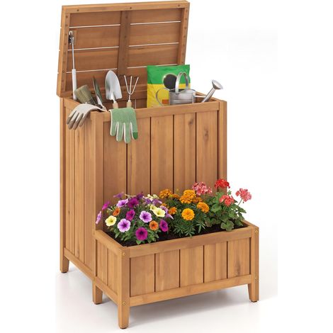 Boîte à colis extérieure en acacia naturel avec bac à plantes, rangement et couvercle à vérin pour jardin et terrasse (1/5)