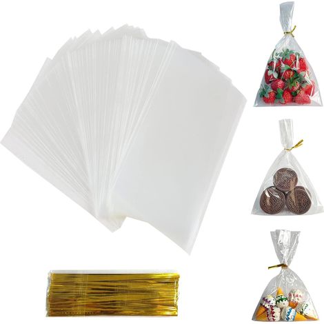 200pcs sachets bonbons anniversaire Sachet Bonbon Sachet Plastique Transparent Biscuits 10cmx15cm Avec 200 Attaches Métalliques (1/5)