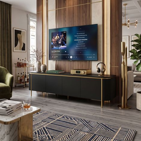 Creahappy Meuble TV 180x38x46 cm avec 6 Portes Cannelées - Grand Rangement & Passe-Câbles - Style Contemporain Noir et Doré (1/5)