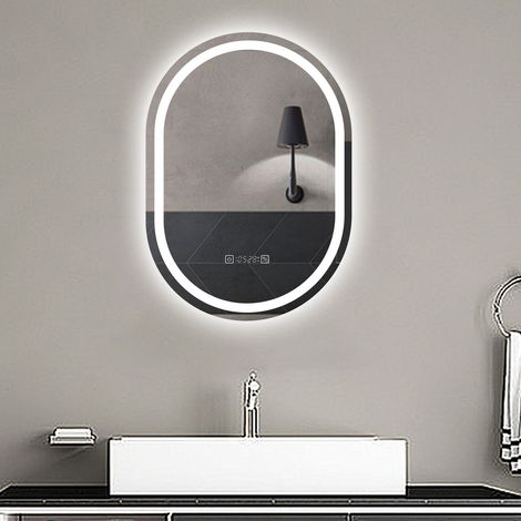 Aica Espejo de baño LED 60×80cm,reloj,antivaho,luminosidad regulable,ovalado (1/5)