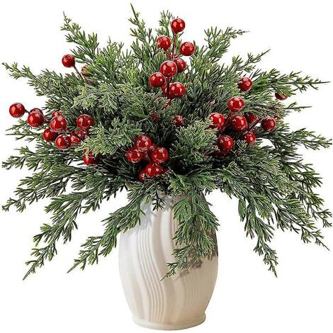 45 künstliche Weihnachtszweige mit roten Beerenstielen, Imitationen von Norfolk-Tanne und Zypresse für DIY-Dekorationen (1/5)