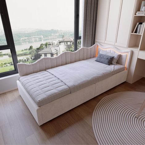 Lit Simple 90x200 cm - Canapé-lit Coffre avec LED - Design Vague en Velours - Beige