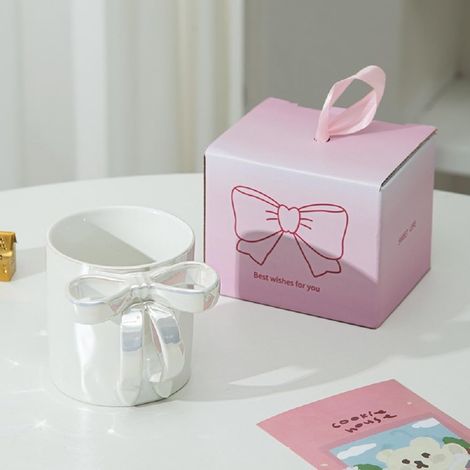 Tasse à café avec anse en porcelaine nacrée - Tasse à café - Tasse à lait - Tasse de bureau - Cadeau pour femme, petite amie, maman, collègue (nœud blanc) (1/5)