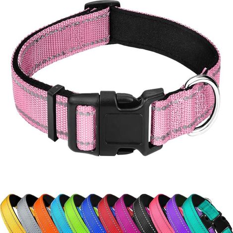 Collier réfléchissant pour chien, réglable, en nylon souple rembourré de néoprène avec boucle, pour grands chiens, rose clair, taille L (1/5)