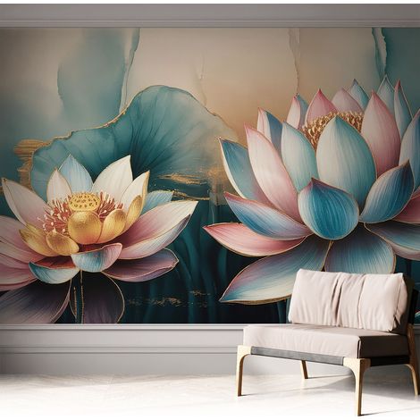 Papier peint adhésif avec colle pour décoration moderne de salon chambre à coucher cuisine et bureau Facile Lotus de l'harmonie 312x219 cm (1/5)