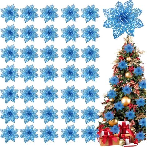 36-Pack Glittering Poinsettias for Christmas Decoration, 4-Inch Artificial Silk Flowers for Christmas Wreaths, Holiday Decor (Navy Blue) (1/5)
