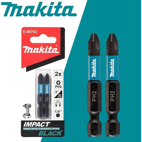Makita E-08763 Schwarze Schlagschrauber-Bits 1/4" PH2 Länge 50 mm 2 Stück Magnetische Kreuzschlitzschraubendreher-Kopf-Werkzeugteile