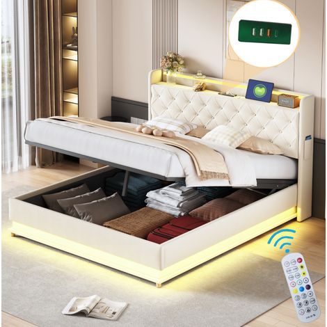 lit adulte rangement LED USB 160x200 cm beige moderne HAVRYA (1/5)