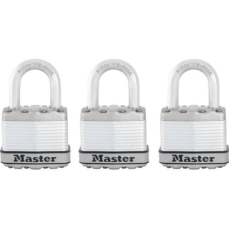 High-Security Master Lock Padlock Set with Keys – Laminated Steel, Outdoor Use, Pack of 3, Ideal for Gates and Garages