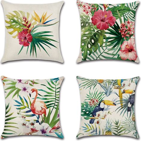 Extérieur Housse De Coussin, Lot De 4 Imperméable Plantes Et Fleurs Tropicales Et Oiseaux Motif Canapé Taie D'oreiller Pour Patio Jardin Salon Chamb (1/5)