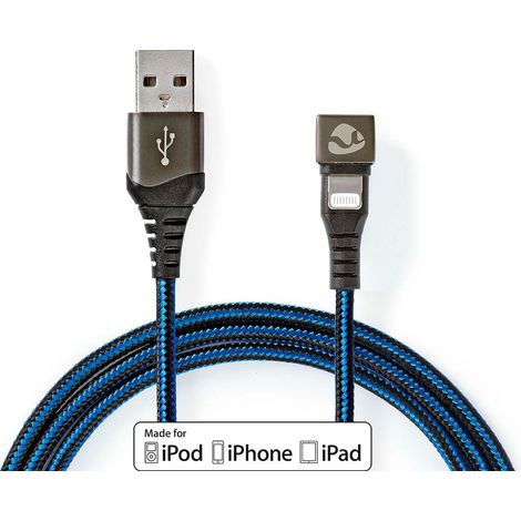 Cable usb usb 20 apple lightning 8 pines usb a macho 12 w 480mbps niquelado 100m redondo trenzado nailon azul negro caja con ventana cubierta