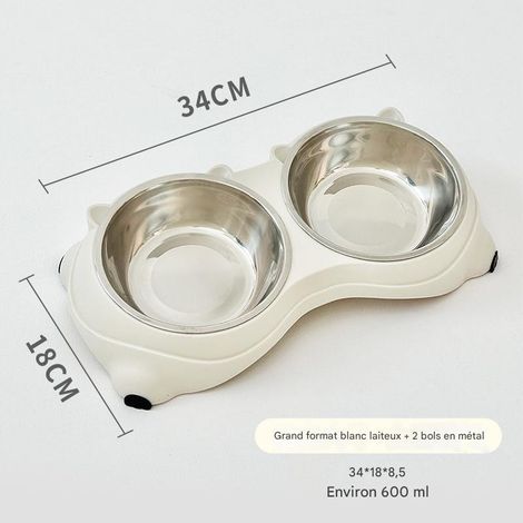 Gamelle double en acier inoxydable pour chat,avec repose-cou, gamelle d'eau et de nourriture intégrée, confortable et spacieuse, blanc crème (34 × 18 × 8,5 cm, contenance 600 ml) (1/5)