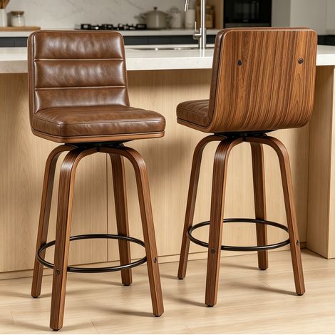 Set di 2 sgabelli da bar girevoli a 360° in PU, gambe in faggio, marrone rossastro OKMYHOME (1/5)
