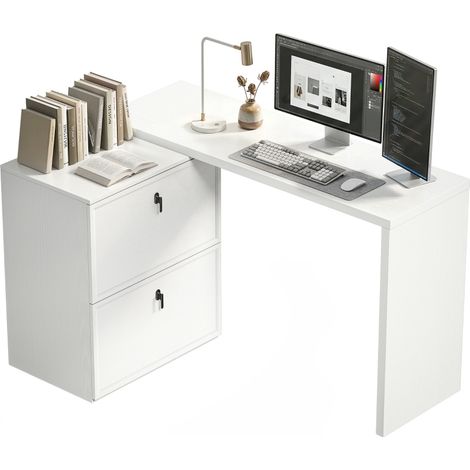 Bureau d'angle réversible en forme de L avec 2 tiroirs de classement, design moderne pour petits espaces de bureau, blanc