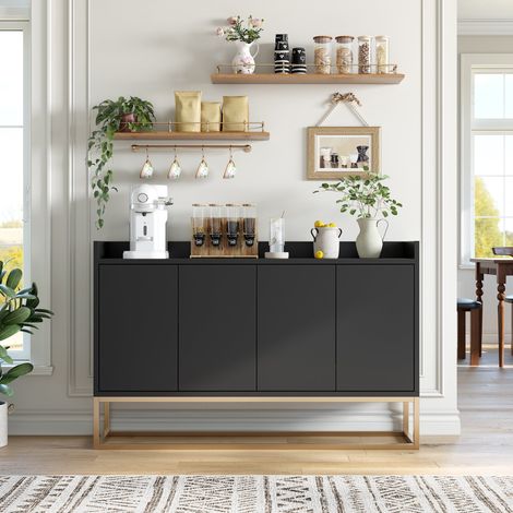 Buffet avec Placard 4 Portes-étagères réglables-Buffet Bas-Pieds en métal doré-Buffet Moderne-120x30x80 cm-Noir-pour Salon,Cuisine