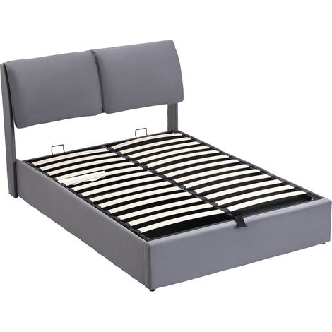 Cama 140 x 190 en terciopelo gris, somier hidráulico, 3 cajones, cabecero (1/5)