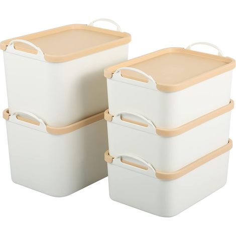 Boîte de rangement en plastique de 5 pièces avec couvercle, grande boîte de rangement blanche, panier de rangement en plastique avec couvercle pour dessus de table de tiroir - 2 couvercles de blé moye
