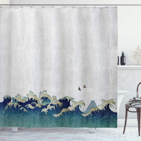 Vague Japonaise Rideau de Douche, tourbillons Aquatiques, Tissu Ensemble de Décor de Salle de Bain avec Crochets, 180 cm x 180 cm, Crème Gris Bleu (1/4)