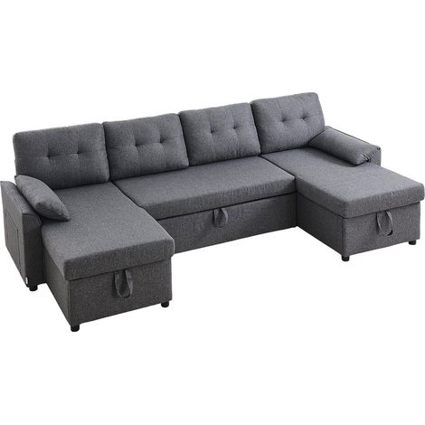 Canapé-lit en U, avec 2 poches latérales, 2 oreillers et méridienne double, canapé convertible en lit 6 places avec grand espace de rangement pour salon, appartement, structure en métal, gris (1/5)