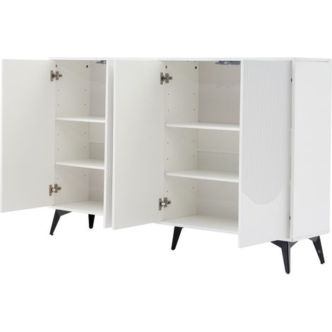 Buffet blanc 160 cm avec 4 portes, étagères réglables et pieds en métal, MODENUIT (1/5)