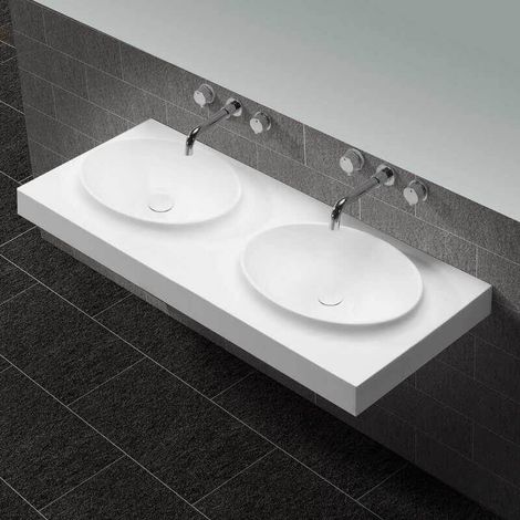 Rue Du Bain – Lavabo suspendu double vasque moulée en composite blanc mat 120cm – Vasques ovales sans trop plein – Installation murale recommandée (1/3)