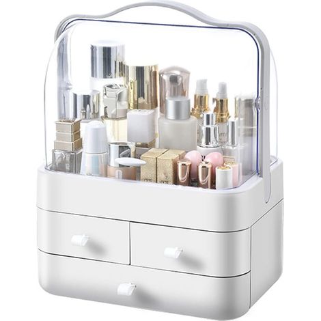 Organizador de maquillaje, organizador de tocador impermeable y a prueba de polvo con 3 cajones, adecuado para tocador de baño, tocador, lápiz labial y perfume. (1/5)