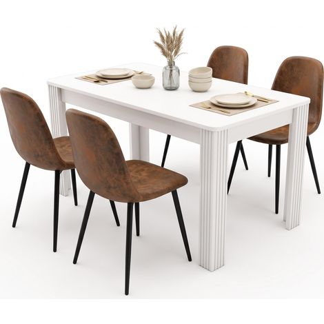FurnitureR 5-Piece Dining Set, 116CM White Rectangular Table & 4 Brown Suede Chairs (1/4)