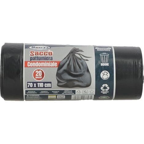 MAURY'S SACCHI PER PATTUMIERA CONDOMINIALE CONFEZIONE DA 20 PEZZI IN COLORE NERO CON LACI 100% RICICLABILE 70X110 CM OKX
