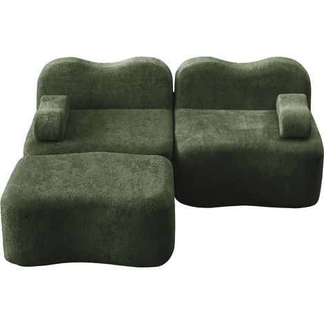 Canapé modulaire sans armature en L 2 places avec 1 ottoman, forme ondulée, coussin d’accoudoir mobile, pour salon et appartement, sans montage, vert (1/5)