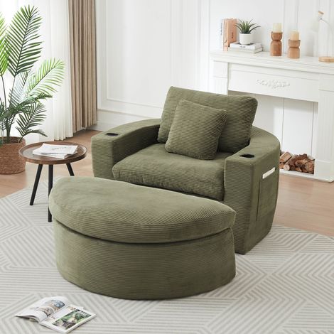Fauteuil canapé compressé 1 place XXL avec pouf repose-pieds-Sans montage-Velours côtelé-Porte-gobelet-Poches latérales-Vert (1/5)