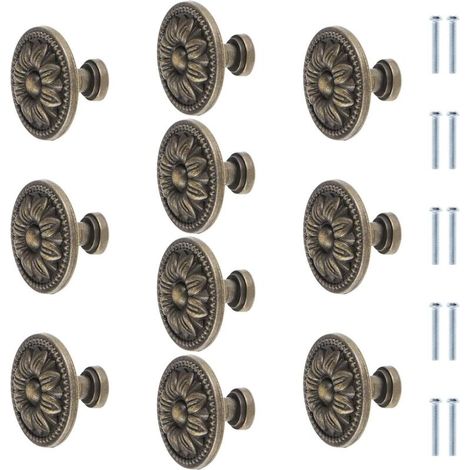 Set mit 10 runden Möbelknöpfen aus antiker Bronze mit Blumenmuster – 35 mm – Vintage – Für Küchenschubladen – Griff (1/4)
