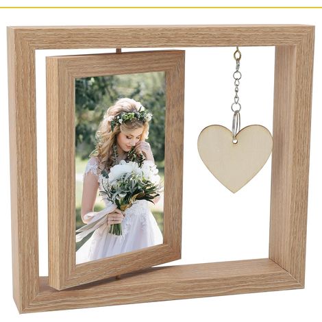 Cadre photo 10 x 15 cm, Cadre photo rotatif en bois avec pendentif en forme de cœur, Cadre photo personnalisé recto-verso (couleur grain de bois) (1/5)