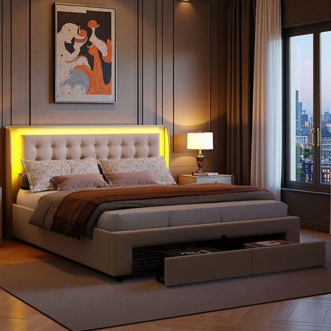 Letto contenitore imbottito - 180x200 - Velluto beige - Con cassetti - Illuminazione a LED integrata