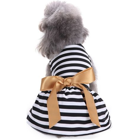 1 robe d'été pour chienne, rayée noir et blanc, sans manches, nœud papillon, taille S, polyester (1/5)