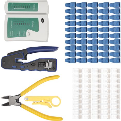 Netzwerkkabeltester RJ45 Crimpzange Crimpwerkzeug-Set Abisolierzange mit 50 Durchgangsverbindern (1/5)