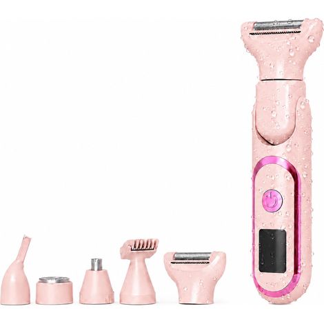 Rasoir Electrique Femme Étanche, 5-in-1 Tondeuse Electrique, Tondeuse à Poils Corporels 180° Rotation, Rasoir Sans Fil Écran LCD pour Visage, Jambes, Aisselles et Maillot, Sur Peau Sèche ou Mouillée (1/5)