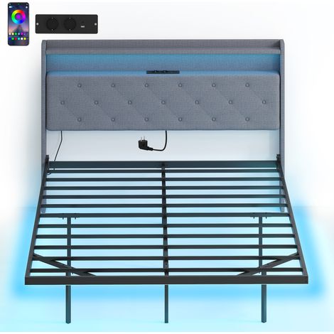 Schwebendes Bettgestell 140 x 190 cm mit Stahllattenrost, RGB-LED-Beleuchtung und Ladestation, ideal für ein modernes Schlafzimmer, grau