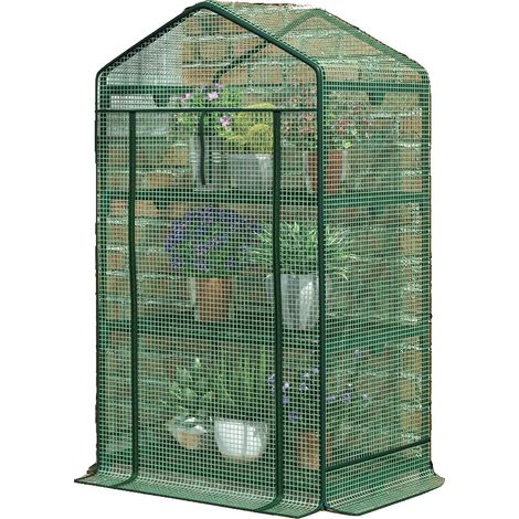 Mini invernadero, 69 cm de largo x 49 cm de ancho x 125 cm de alto, lámina con protección UV, estructura metálica, 3 niveles, puerta enrollable. (1/5)