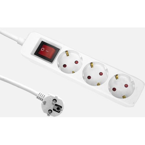 Alargadera Florey Cable 1,5m 3G×1,5 mm², 3 enchufes+interruptor Blanca protección infantil 4x5x19cm
