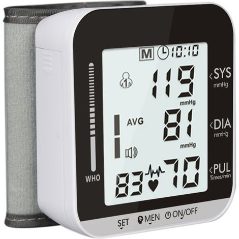Elektronisches Blutdruckmessgerät für das Handgelenk mit Herzfrequenzerkennung, vollautomatisches Blutdruckmessgerät, digitales LCD-Display.