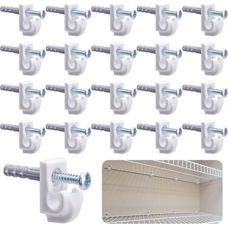 Clips de pared blancos - Clips para estantes de alambre - Montaje de estantes - Material plástico duradero - 2,8 x 1,3 x 1,5 cm - Blanco (1/5)