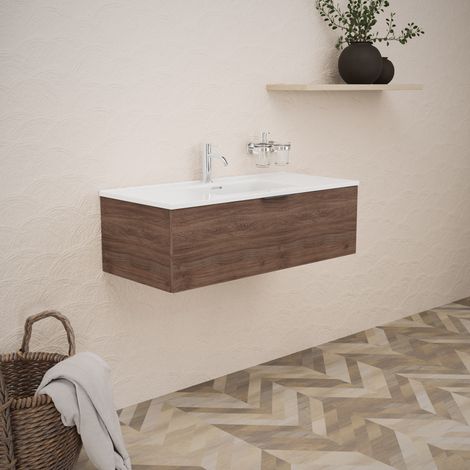 Inda - Badezimmerschrank B.100 mit glänzendem Waschbecken / Braune Eiche 1 Schublade - Topazio (1/5)